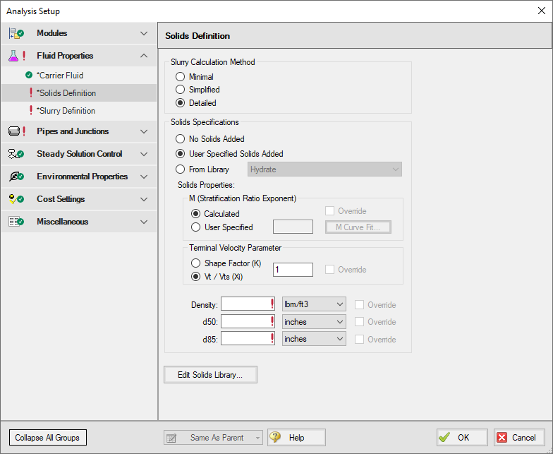 The Solids Definition panel in Analysis Setup when the Detailed Slurry Calculation method and Calculated M options are selected.